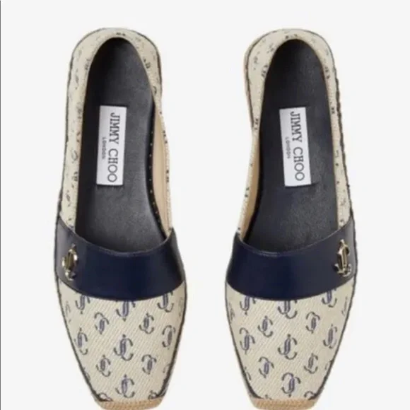 NEW JIMMY CHOO Dru Logo Monogram Leather/Canvas Espadrilles Shoes 100% authentic
